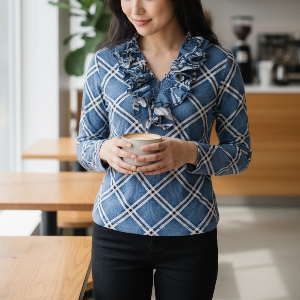 Blue Ruffled Plaid Women's Top